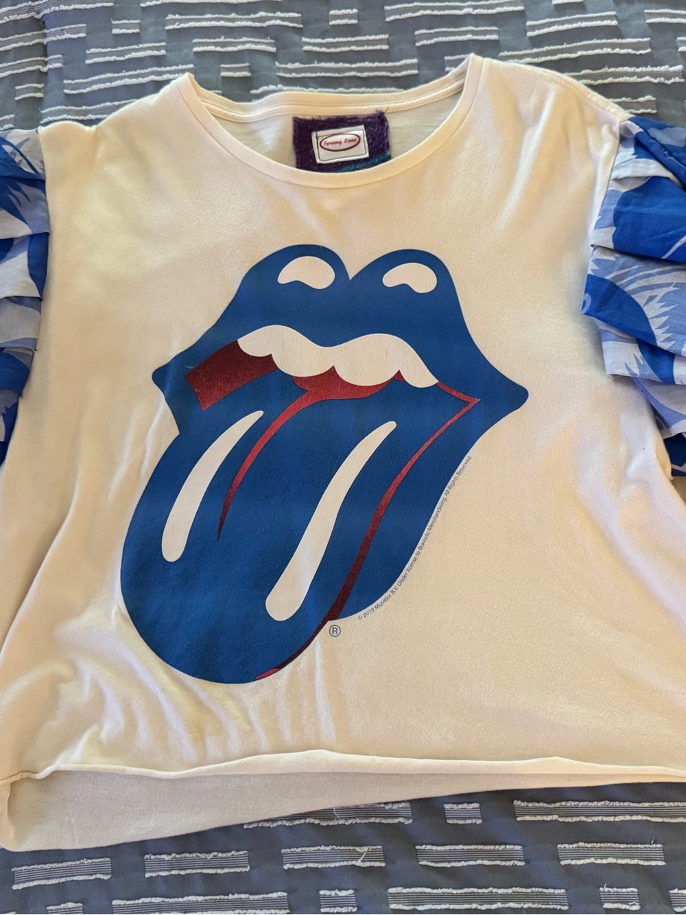 Handmade Short Sleeve Ruffle Band Tee with Blue Tongue Logo. Cropped to small